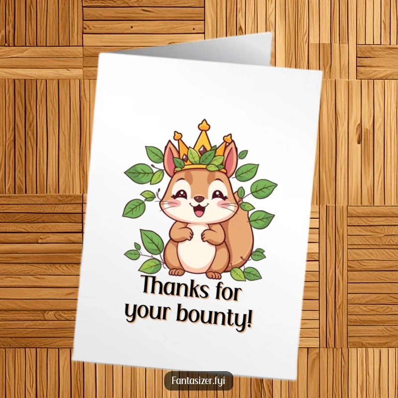 Funny Free Printable Thank You Card: A delighted squirrel king with a leaf crown offers thanks from his tiny kingdom.