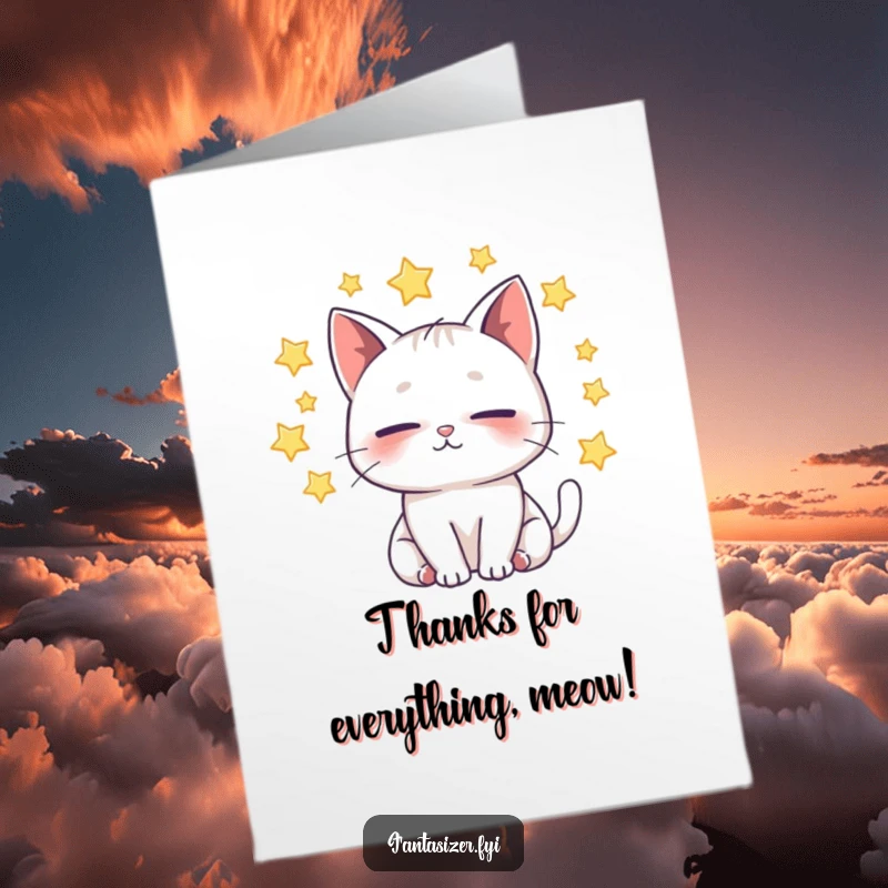Funny Free Printable Thank You Card: A whimsical cat looks up gratefully at a sky filled with twinkling stars.
