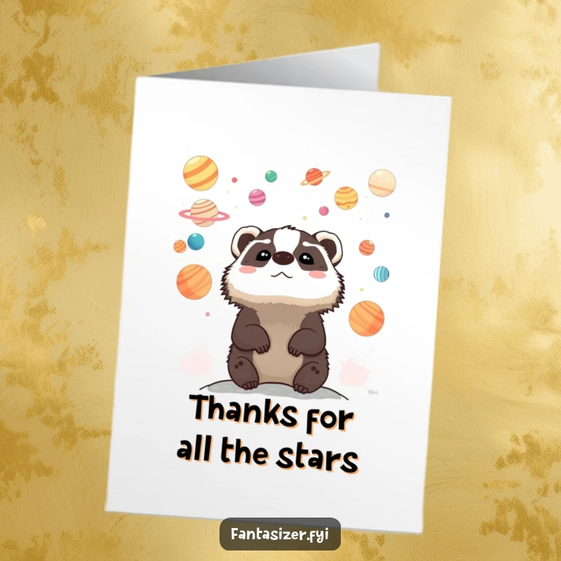 Funny Free Printable Thank You Card featuring a whimsical badger looking up at space, expressing gratitude with a planetary theme.