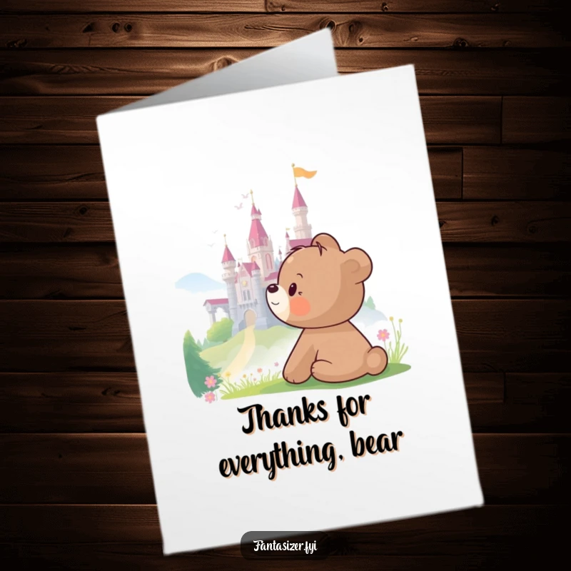 Funny Free Printable Thank You Card: A bear cub looks longingly at a fantasy castle, humorously conveying thanks for enabling dreams.