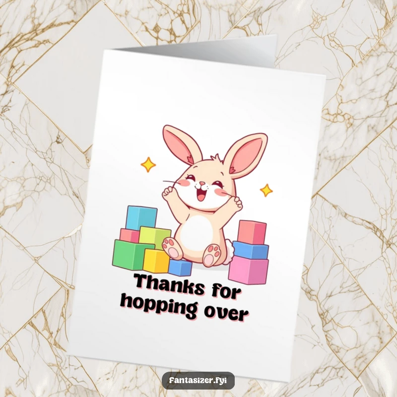 Funny free printable thank you card featuring a happy bunny with paws raised, imagining a world of colorful blocks, expressing thanks.