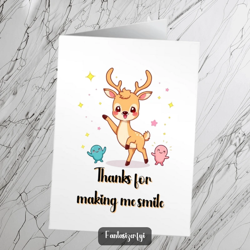 Funny Free Printable Thank You Card: Cheerful deer dancing with imaginary sparkling creatures in gratitude.
