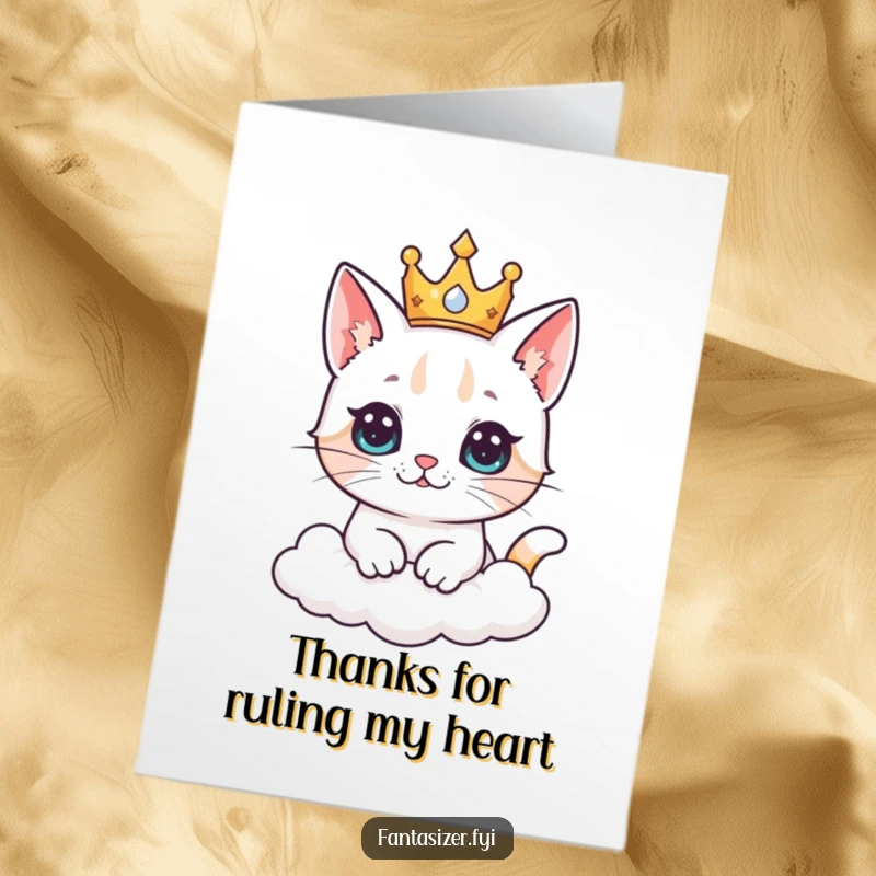Funny Free Printable Thank You Card: Cat in crown imagines ruling clouds, conveying thanks with regal charm.