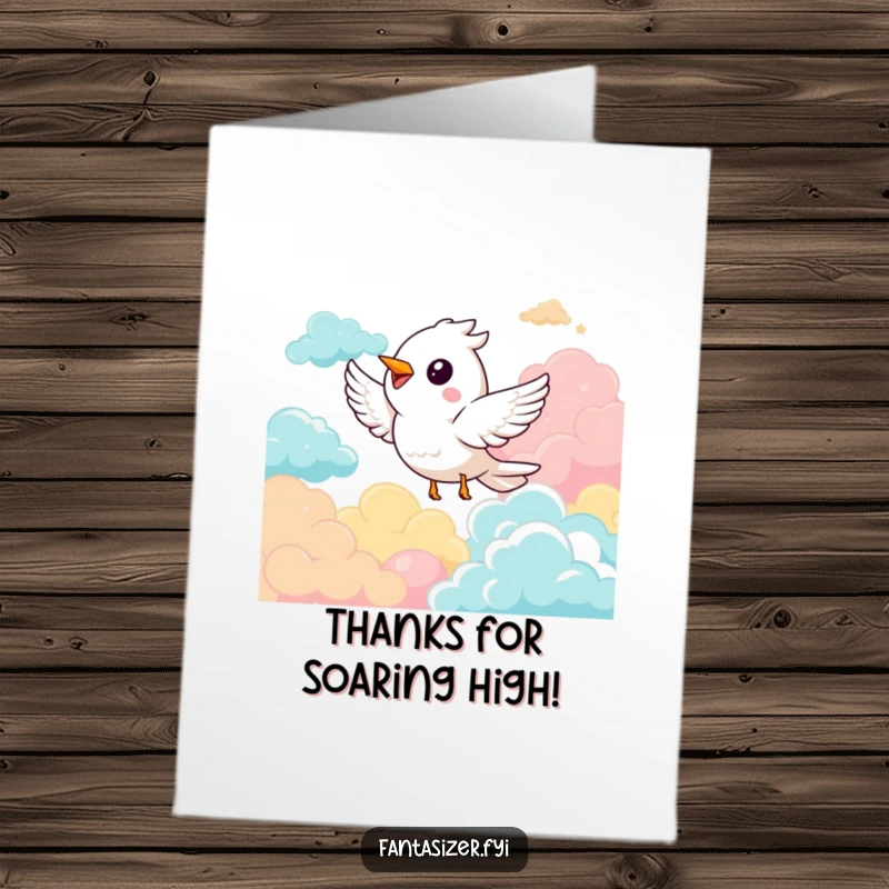 Funny free printable thank you card with a delighted bird soaring through colorful clouds, expressing thanks with joy.