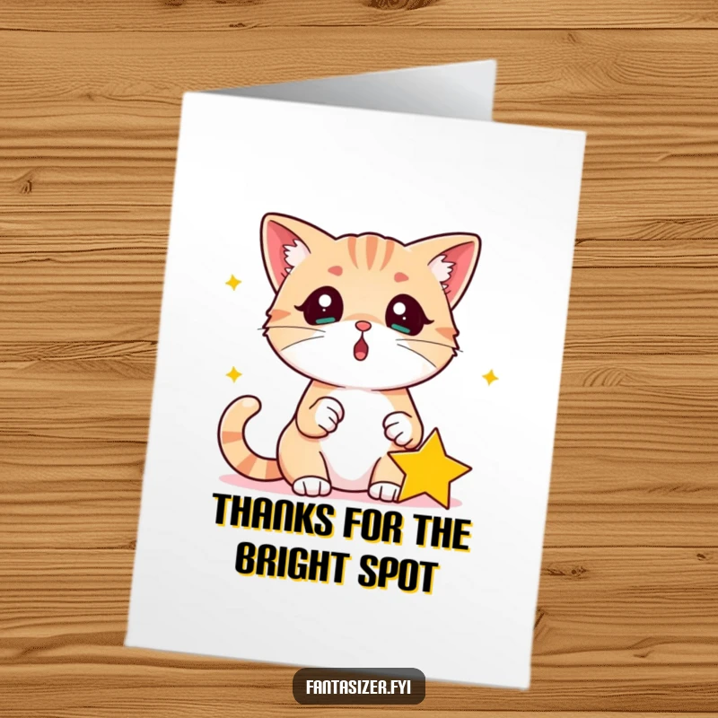 Free Printable Thank You Card: A surprised cat looking down at a bright star resting in its paw, a whimsical way to say thank you.