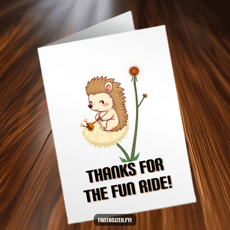 Funny free printable thank you card featuring a hedgehog riding a giant dandelion seed, drifting serenely through the air.