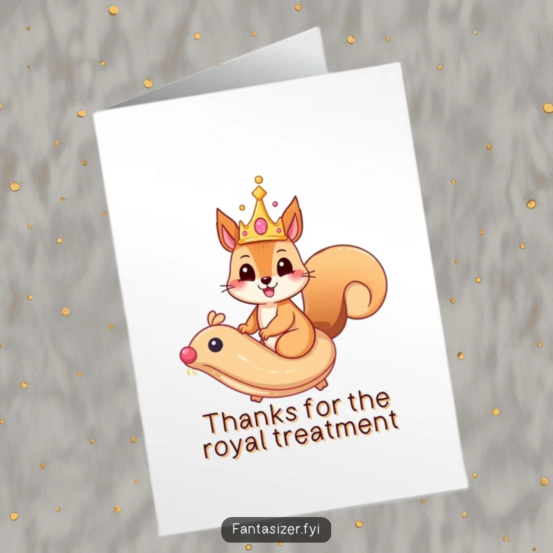 Funny Free Printable Thank You Card: Happy crowned squirrel riding a flying pastry, offering a royal and funny thank you.