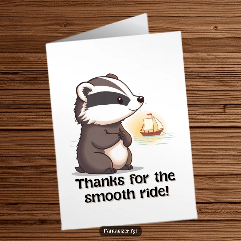 Funny Free Printable Thank You Card: A badger pauses in reflection, watching a boat sail into a tranquil sunset, offering thanks.