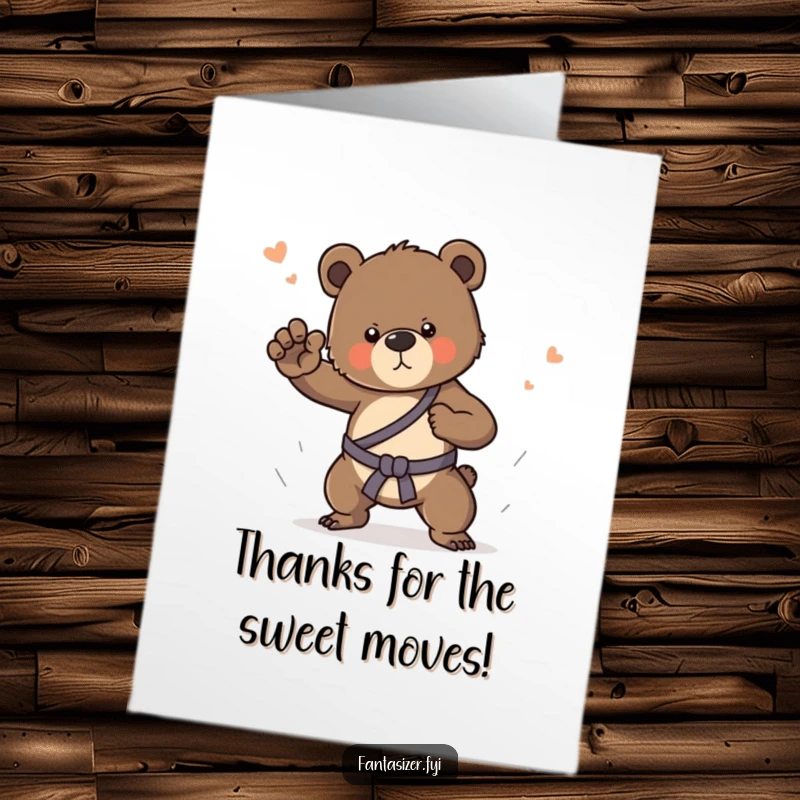 Funny Free Printable Thank You Card: A focused bear cub executing a powerful martial arts move in a dream, thanking you with style.
