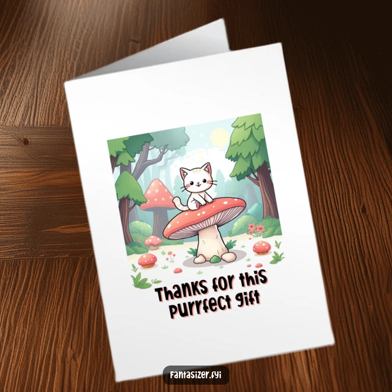 Funny Free Printable Thank You Card featuring a playful cat riding a giant mushroom, perfect for expressing thanks.