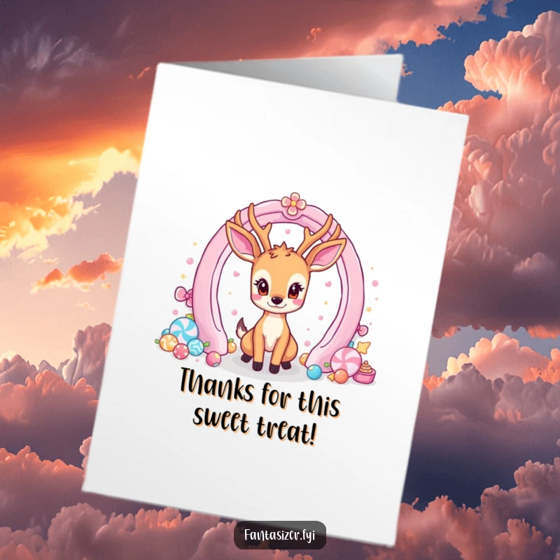 Funny Free Printable Thank You Card: Deer gazes at candy portal, sending sweet thanks.