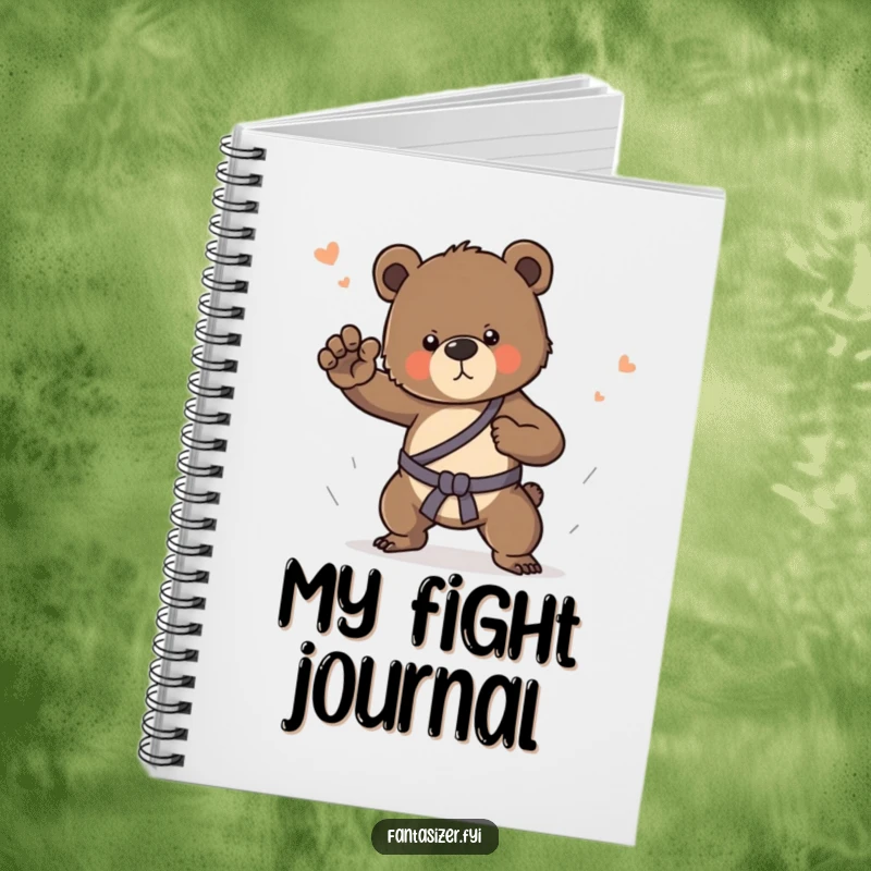 Funny notebook featuring a determined bear cub practicing martial arts in a dream, ready to capture notes.