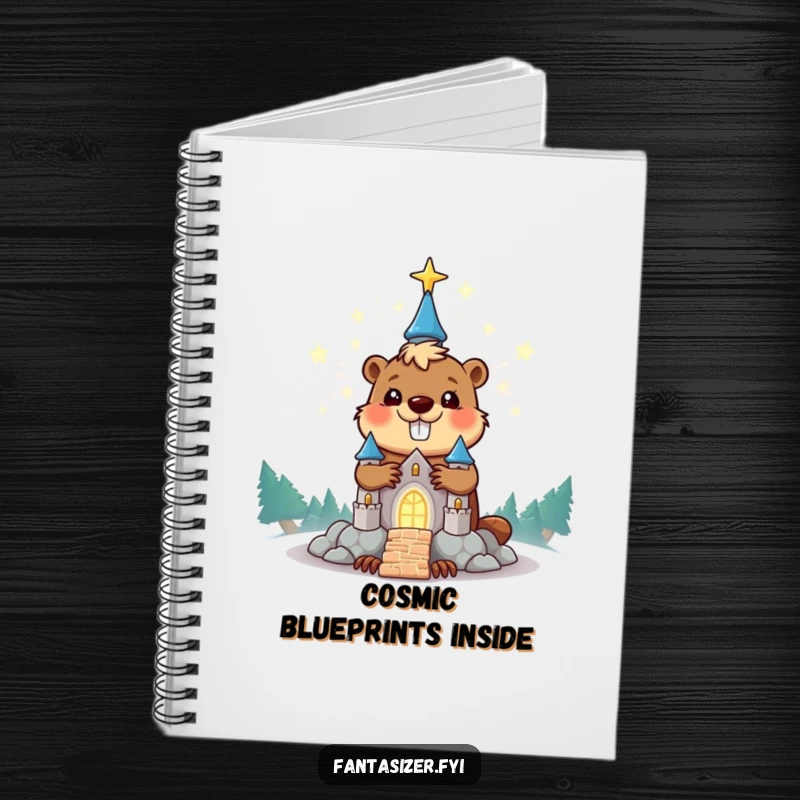 Funny beaver notebook with a happy character building a glowing stardust castle, great for jotting down funny ideas.