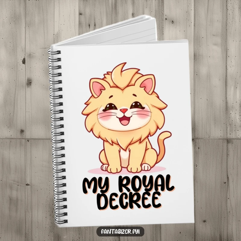 Funny notebook with a cover showing a cat dreaming of being a lion, inspiring grand plans and funny notes, a perfect gift for aspiring leaders.