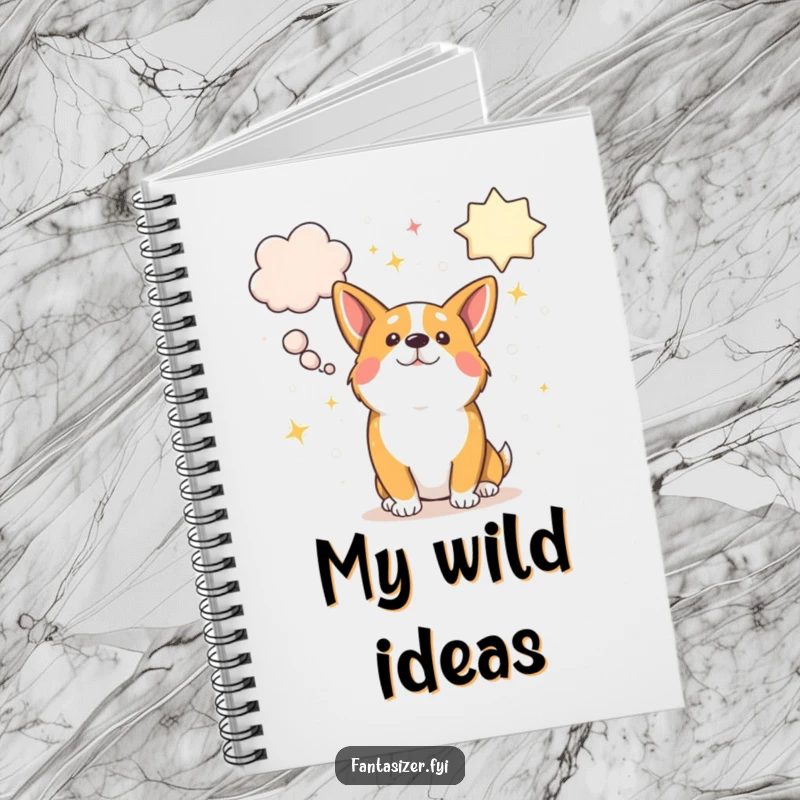 Funny corgi with huge, sparkling thought bubbles full of dreams, perfect for jotting down ideas.