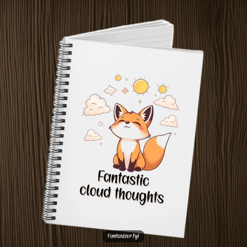 Funny notebook with a joyful fox gazing at clouds, dreaming up fantastical shapes, perfect for journaling.