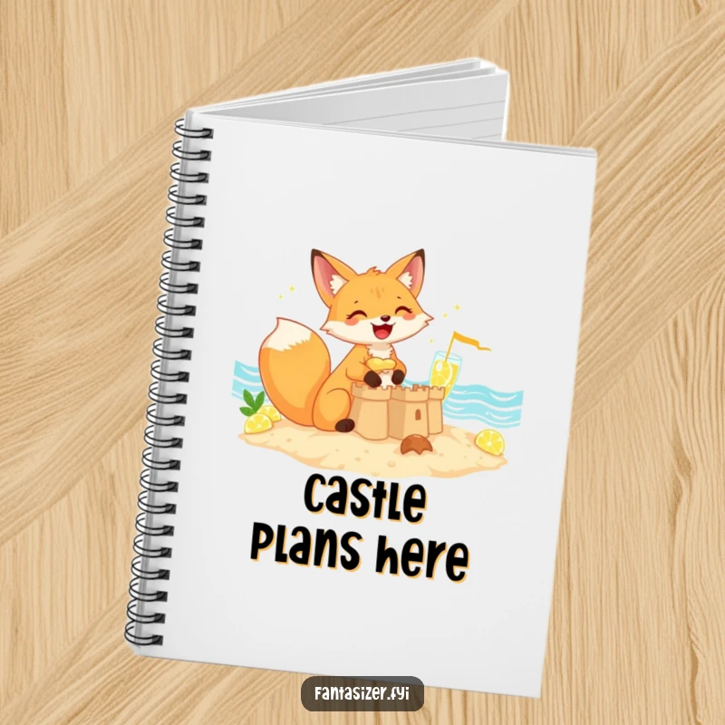 Funny giggling fox building a sandcastle near a sea of lemonade, notebook, perfect funny gift.