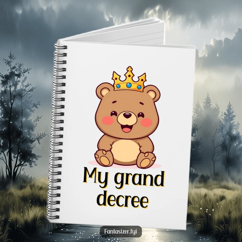Funny notebook with a jubilant crowned bear ruling a toy kingdom, perfect for jotting down notes with a regal, humorous touch.