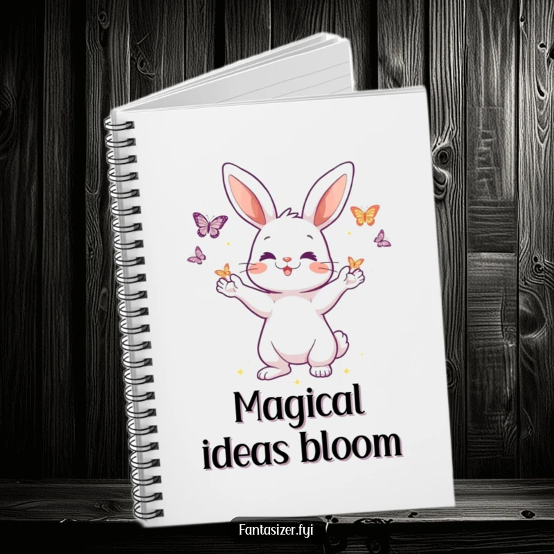 Funny lined notebook featuring a playful rabbit character conjuring shimmering butterflies from its paws, perfect for notes and ideas.