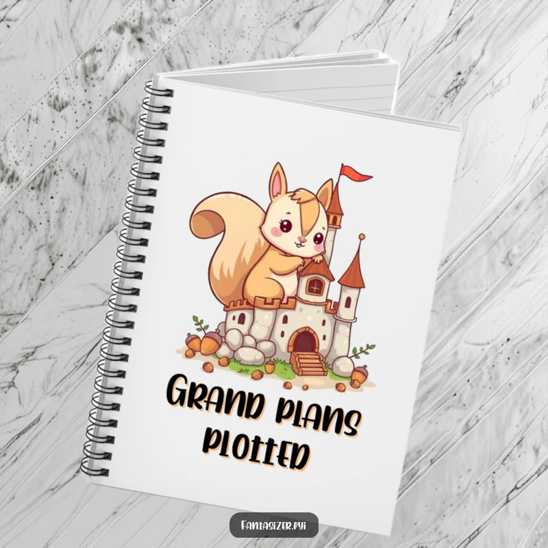 Funny notebook featuring an imaginative squirrel building a castle from acorns, perfect for jotting down creative plans.