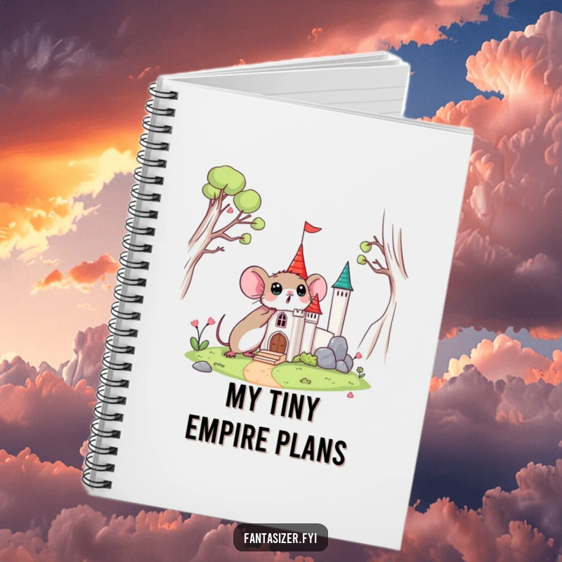 Funny notebook with a surprised mouse discovering a miniature castle, perfect for journaling adventures.