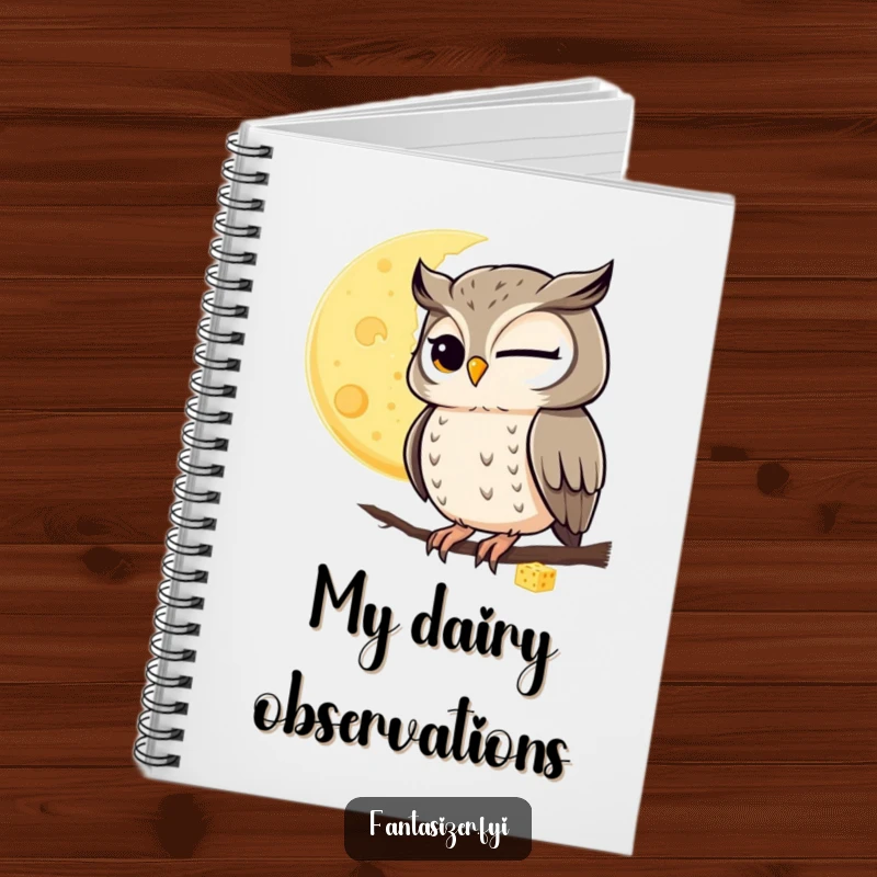 Funny notebook with a winking owl observing a moon made of cheese, perfect for documenting cosmic thoughts.