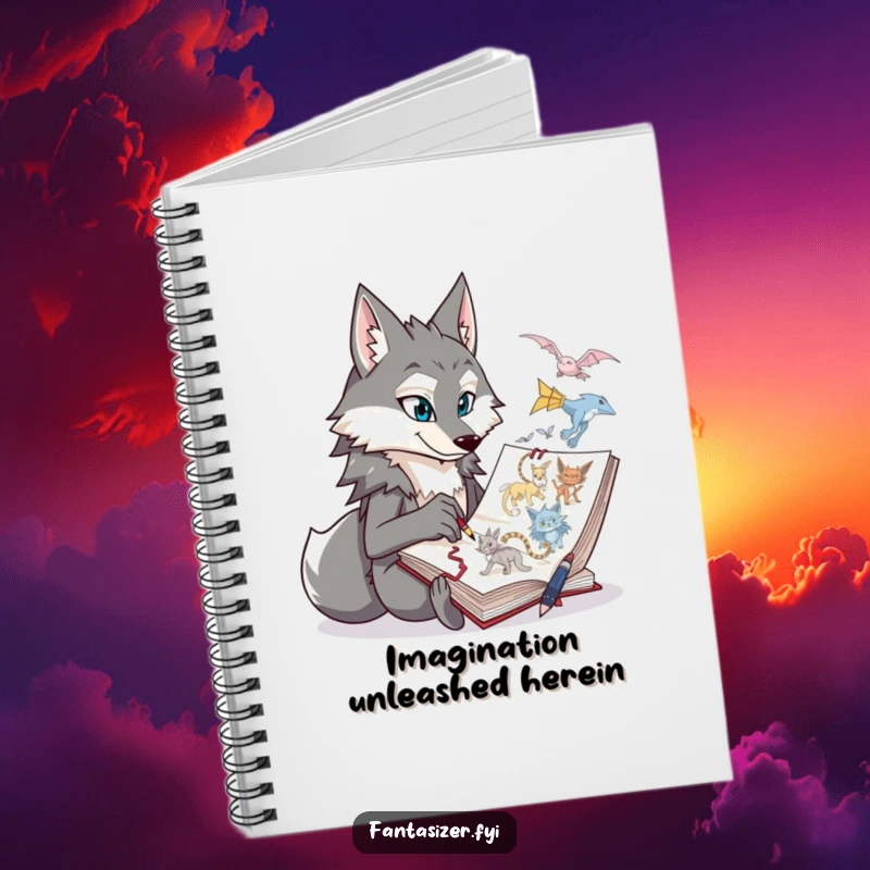 Funny wolf character sketching fantastical creatures in a notebook, inspiring creative thoughts and artistic expression.
