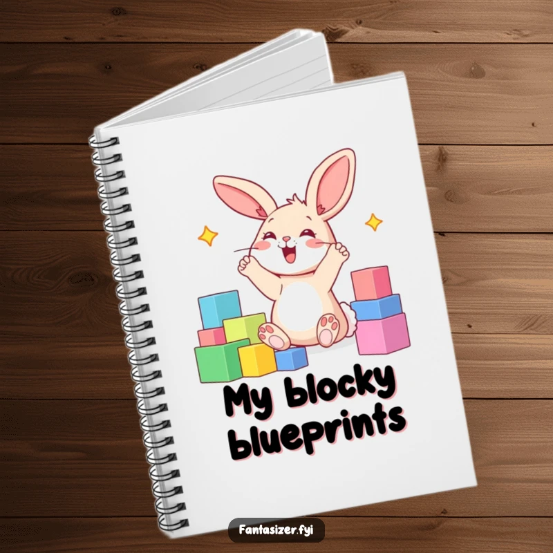 Funny notebook cover with a happy bunny with paws in the air, imagining a world made of colorful blocks.