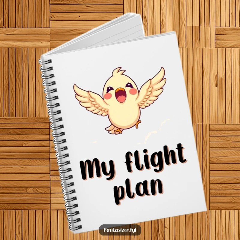 Funny notebook with a cover depicting a happy bird soaring through clouds, encouraging creative writing and funny notes.