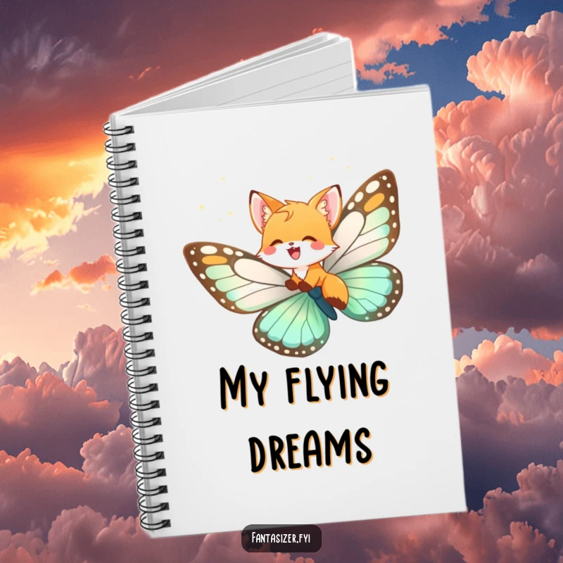 Funny fox cub notebook, a cub flying on a butterfly, inspiring dreams and notes with whimsical humor.