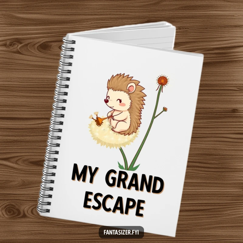 Funny notebook featuring a whimsical hedgehog riding a dandelion seed, perfect for capturing creative thoughts and whimsical notes.