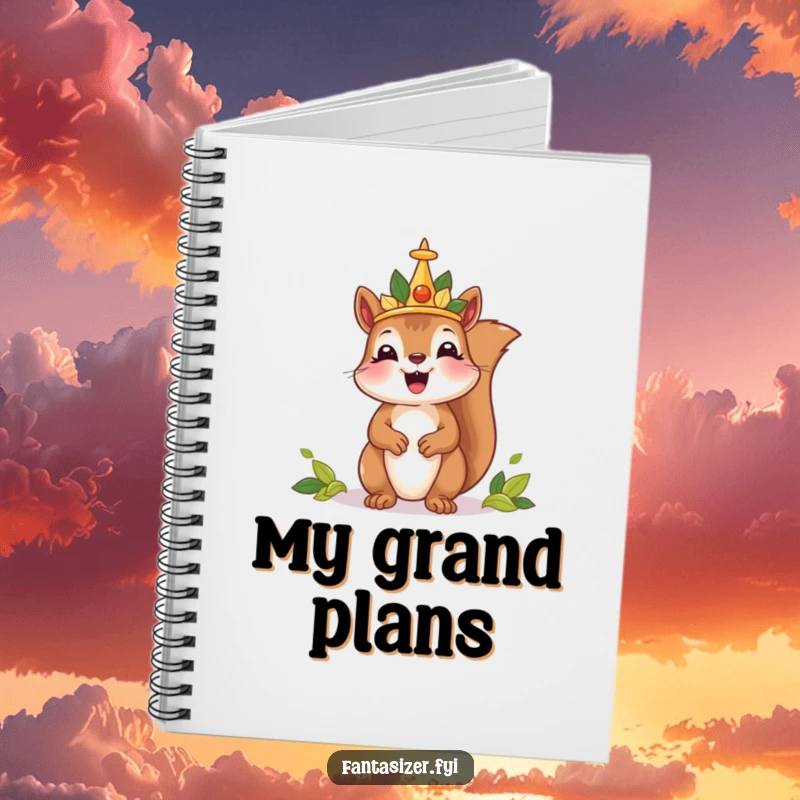 Funny notebook cover with a delighted squirrel wearing a leaf crown, ruling a tiny kingdom, perfect for jotting down royal thoughts.
