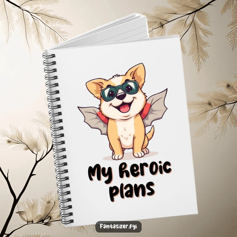Funny notebook with a happy dog and a goofy grin, imagining flying with superhero wings.