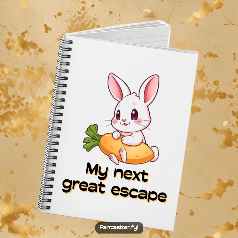 Funny notebook cover showing a surprised rabbit on a flying carrot, perfect for jotting down funny thoughts and creative ideas.
