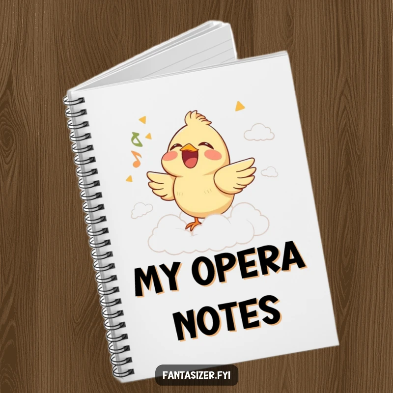 Funny notebook cover with a joyful bird singing with closed eyes on a cloud stage, perfect for jotting down musical ideas.