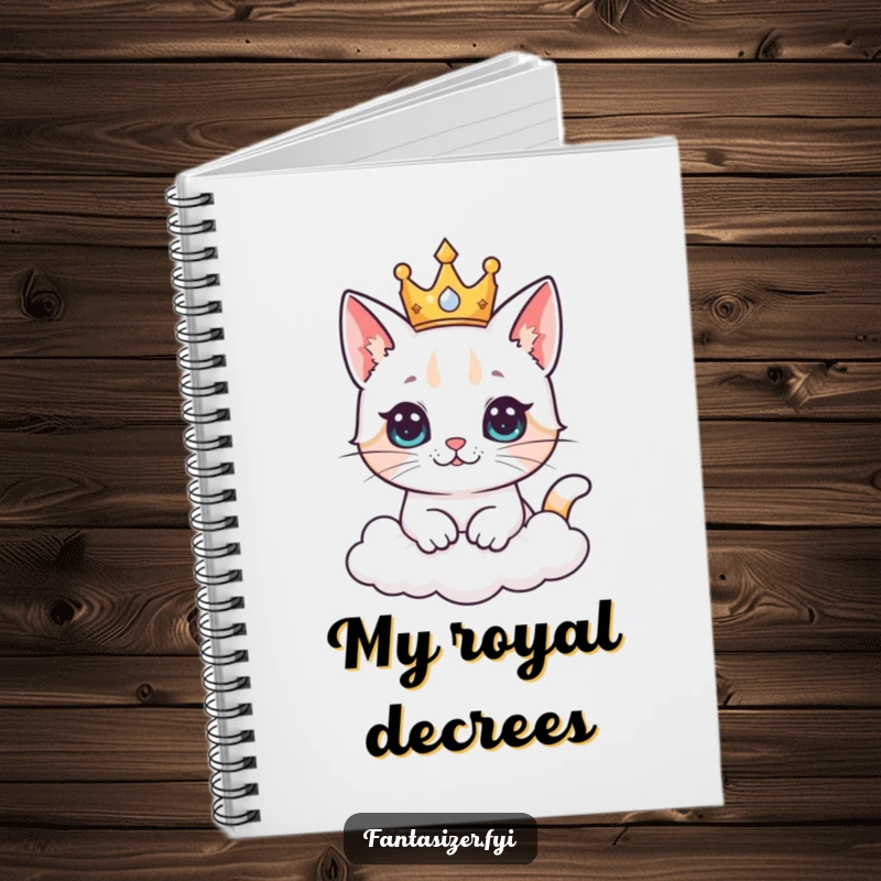 Funny cat king notebook with a curious cat wearing a crown, imagining ruling a vast kingdom made of clouds.