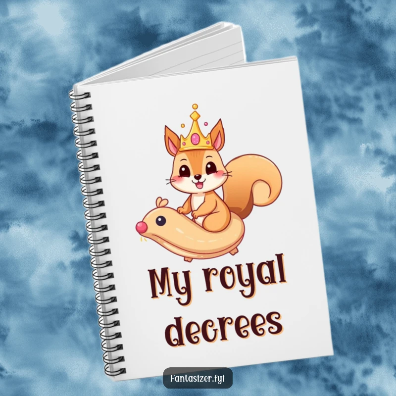 Funny squirrel notebook with a whimsical crown riding a majestic, flying pastry, for jotting down royal plans.