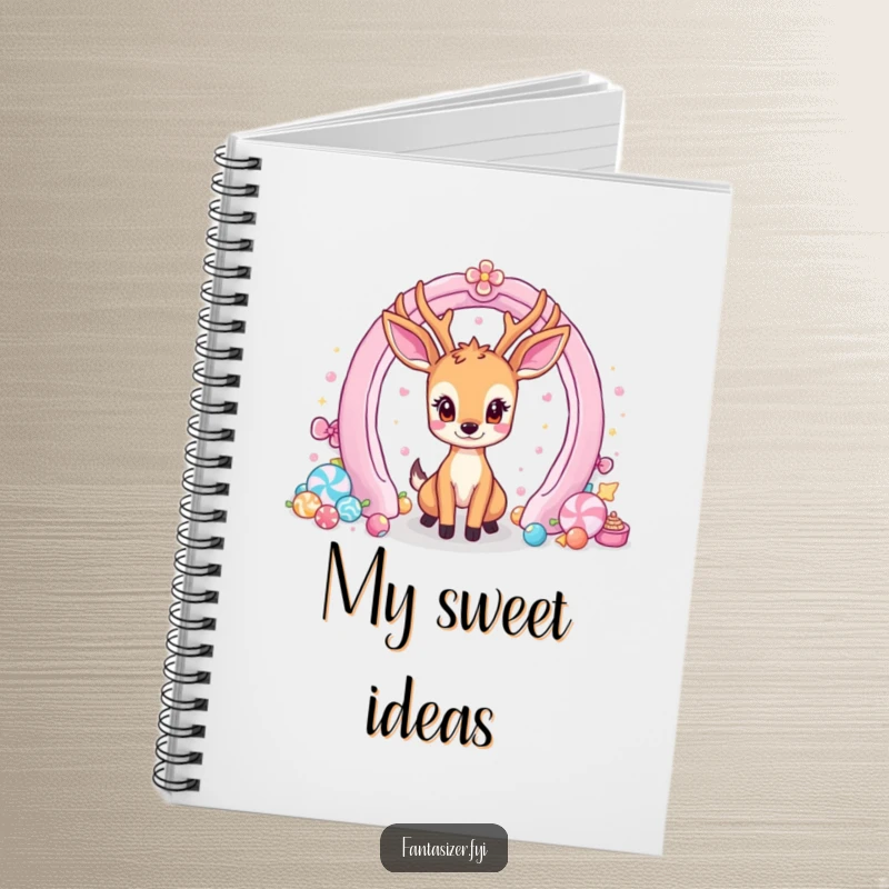 Funny notebook cover with a deer gazing at a portal to a candy land, encouraging creative writing.