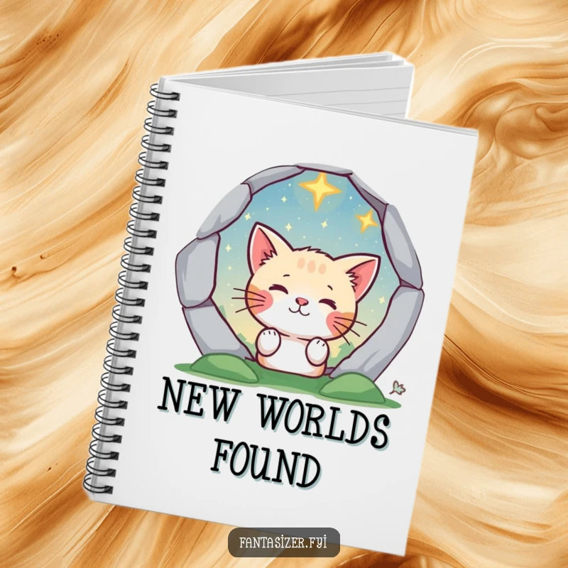 Funny cat character peeking into a magical portal on a notebook, inviting creative exploration and whimsical writing.