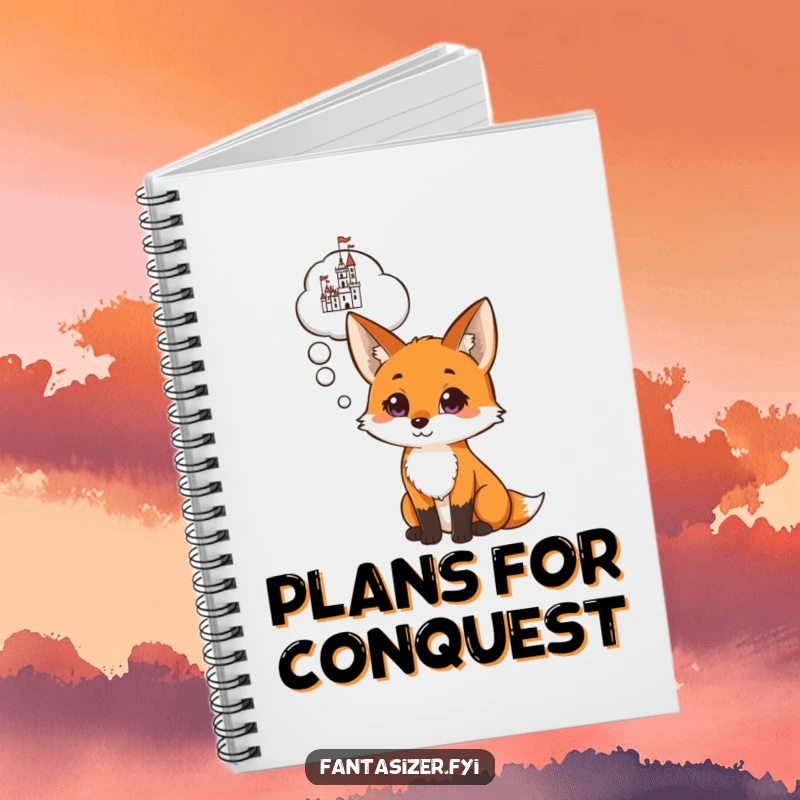 Funny notebook cover with a curious fox and a thought cloud showing a castle, ideal for jotting down dreams and plans.