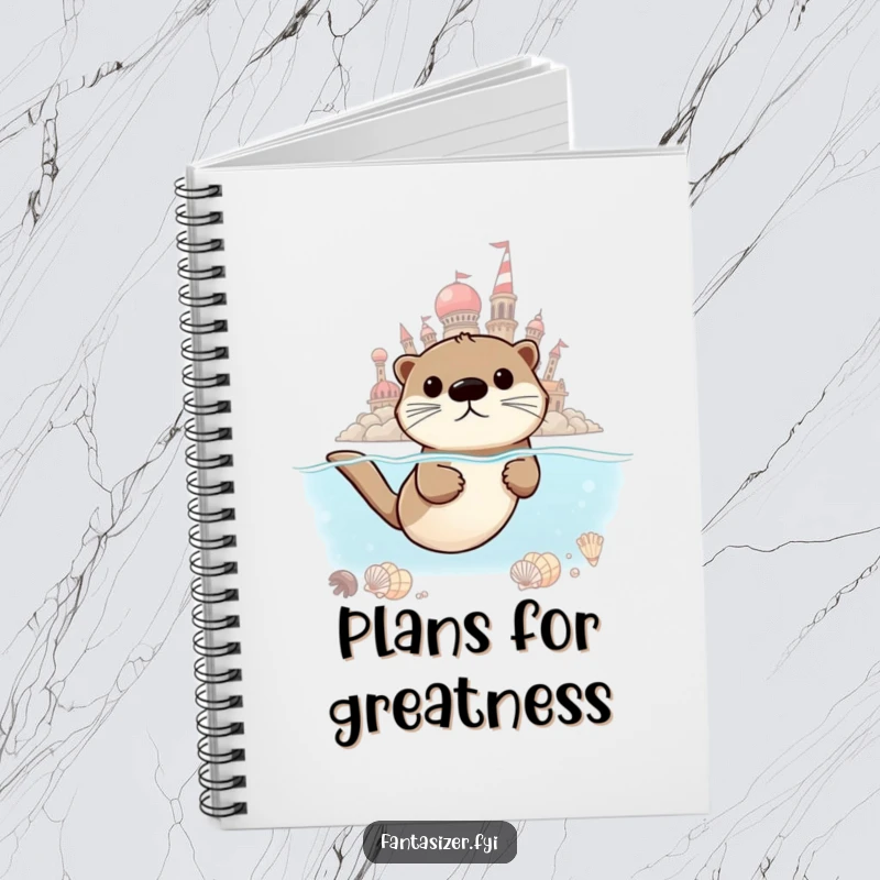 Funny Otter Dreamer Notebook, showing a determined otter swimming towards a seashell city, perfect for writing down big dreams.
