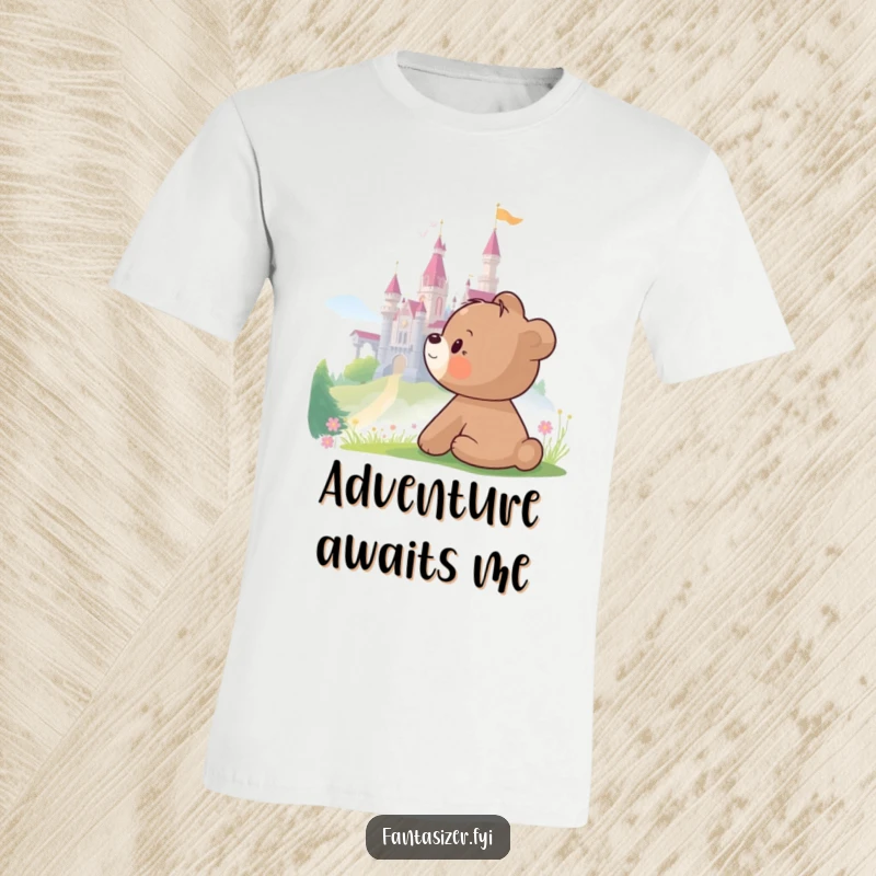 Funny Bear T-Shirt depicting a bear cub looking at a castle, celebrating dreams and adventure with humor.