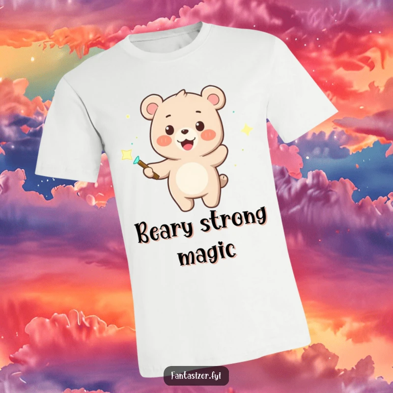 Funny t-shirt with a happy bear character holding a magical wand, emitting dazzling dancing lights with a whimsical aura.