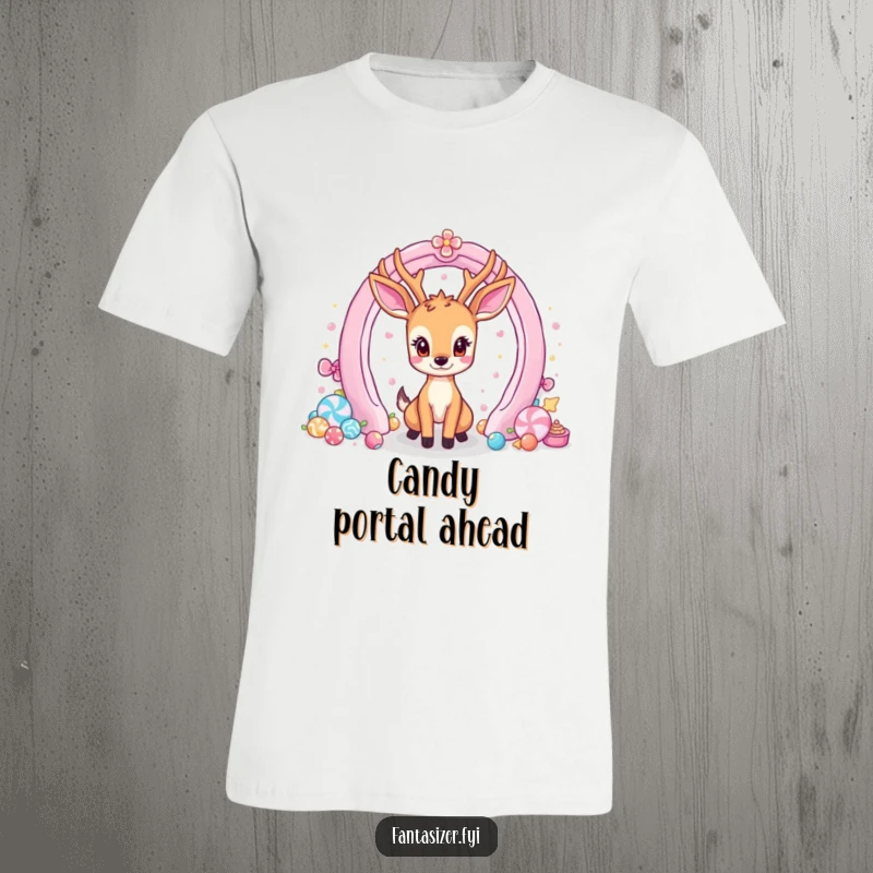 Funny t-shirt depicting a happy deer gazing mesmerized at a vibrant portal overflowing with delicious candy.