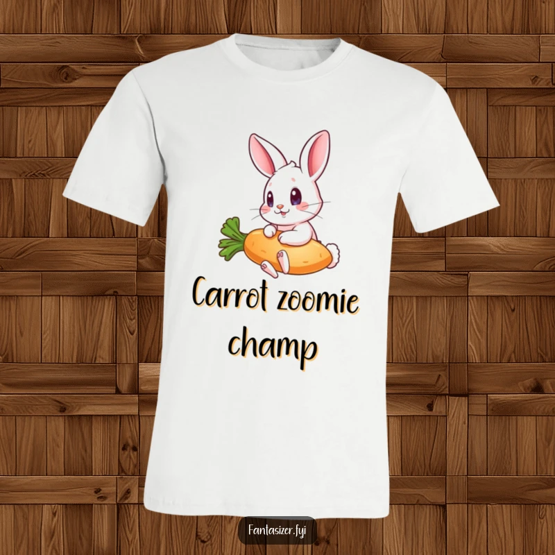 Funny t-shirt showcasing a wide-eyed rabbit enthusiastically riding a surreal flying carrot, embodying pure fun.