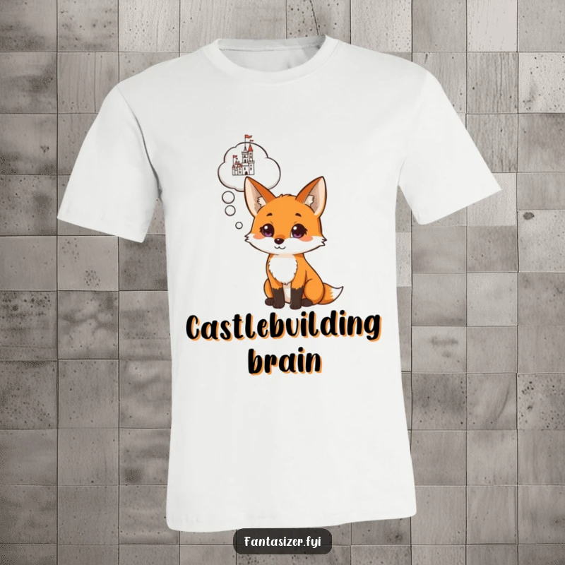 Funny t-shirt with a curious fox contemplating a detailed castle in its thought cloud, representing ambitious daydreams and imagination.