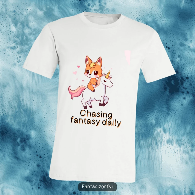 Funny fox t-shirt showing an imaginative fox riding a fantastical unicorn, celebrating whimsical adventures and humor.