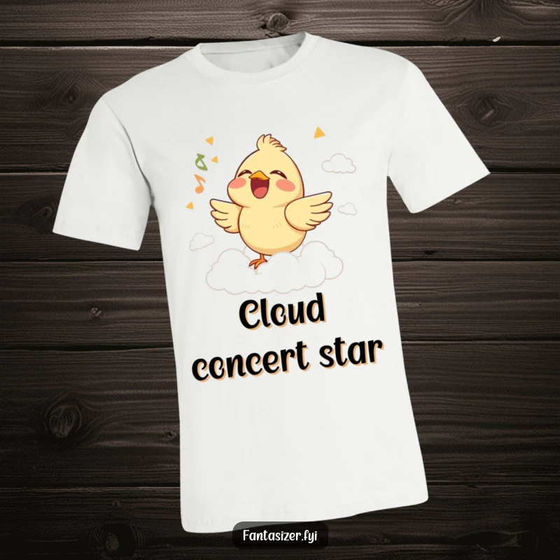 Funny t-shirt depicting a joyful bird singing ecstatically with eyes shut, performing on an imaginative stage built from clouds.