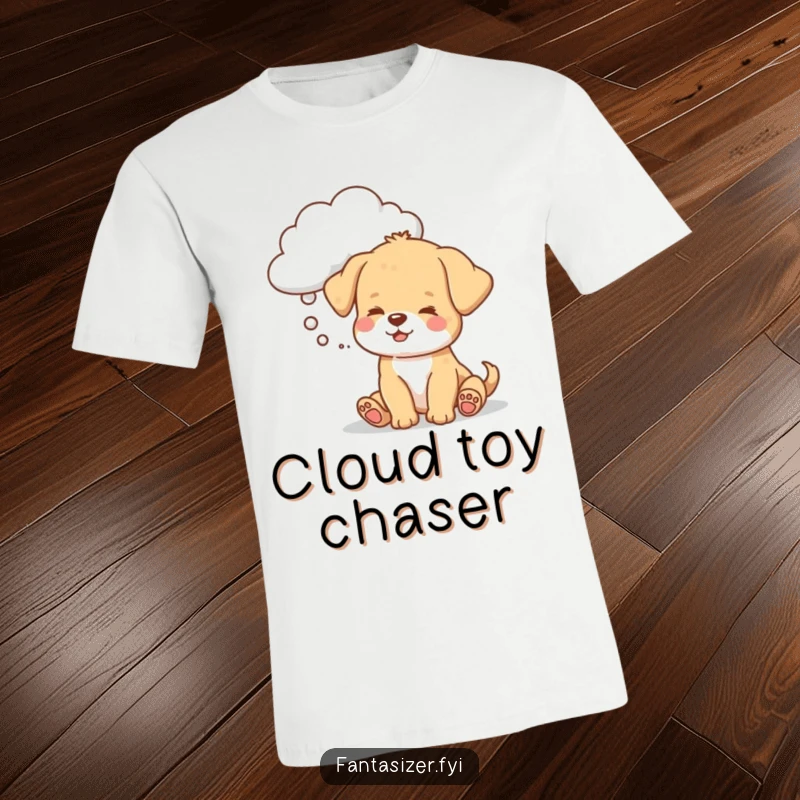 Funny puppy t-shirt, a sleeping dog dreaming of a toy-shaped cloud, full of whimsical fun.