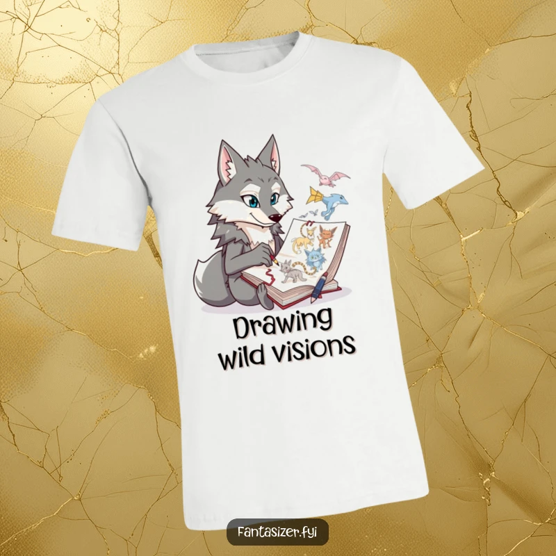 Funny wolf character sketching fantastical creatures in a notebook on a t-shirt, representing imagination and art.